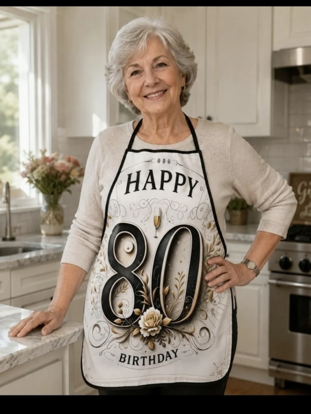 80th Birthday Pink Floral Banner & Apron Set - Happy Birthday